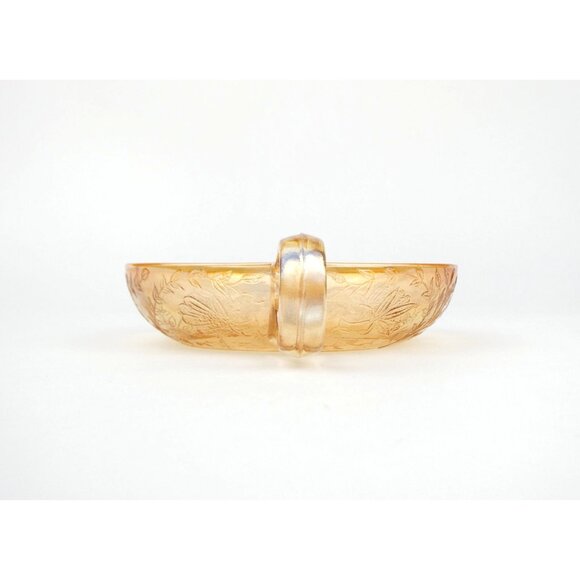 Jeanette Floragold Vintage Iridescent Amber Leaf Pattern Glass Bowl With Handle - Picture 2 of 15